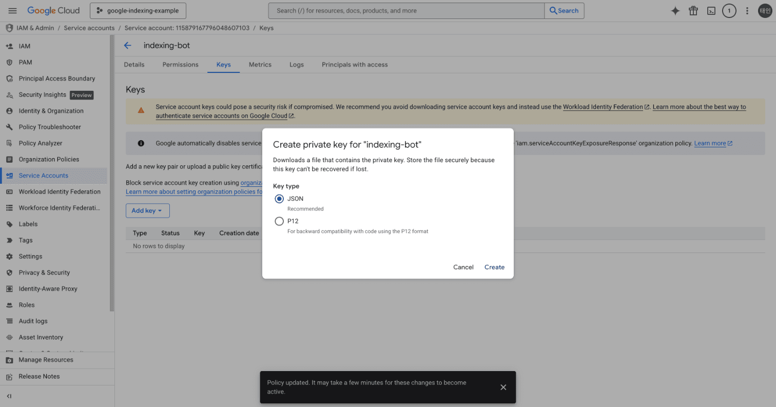 Create JSON key dialog