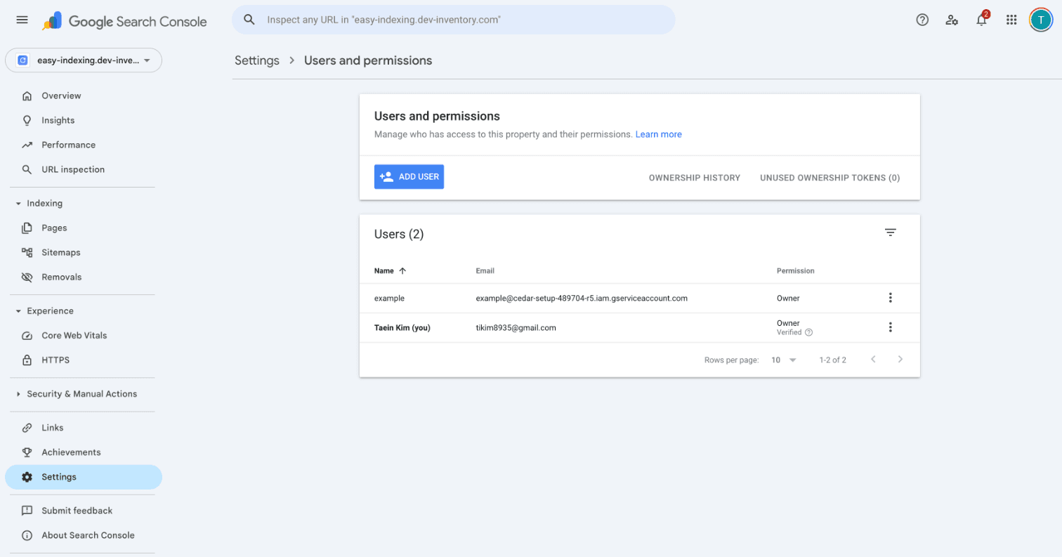 서비스 계정 소유자 등록 완료
